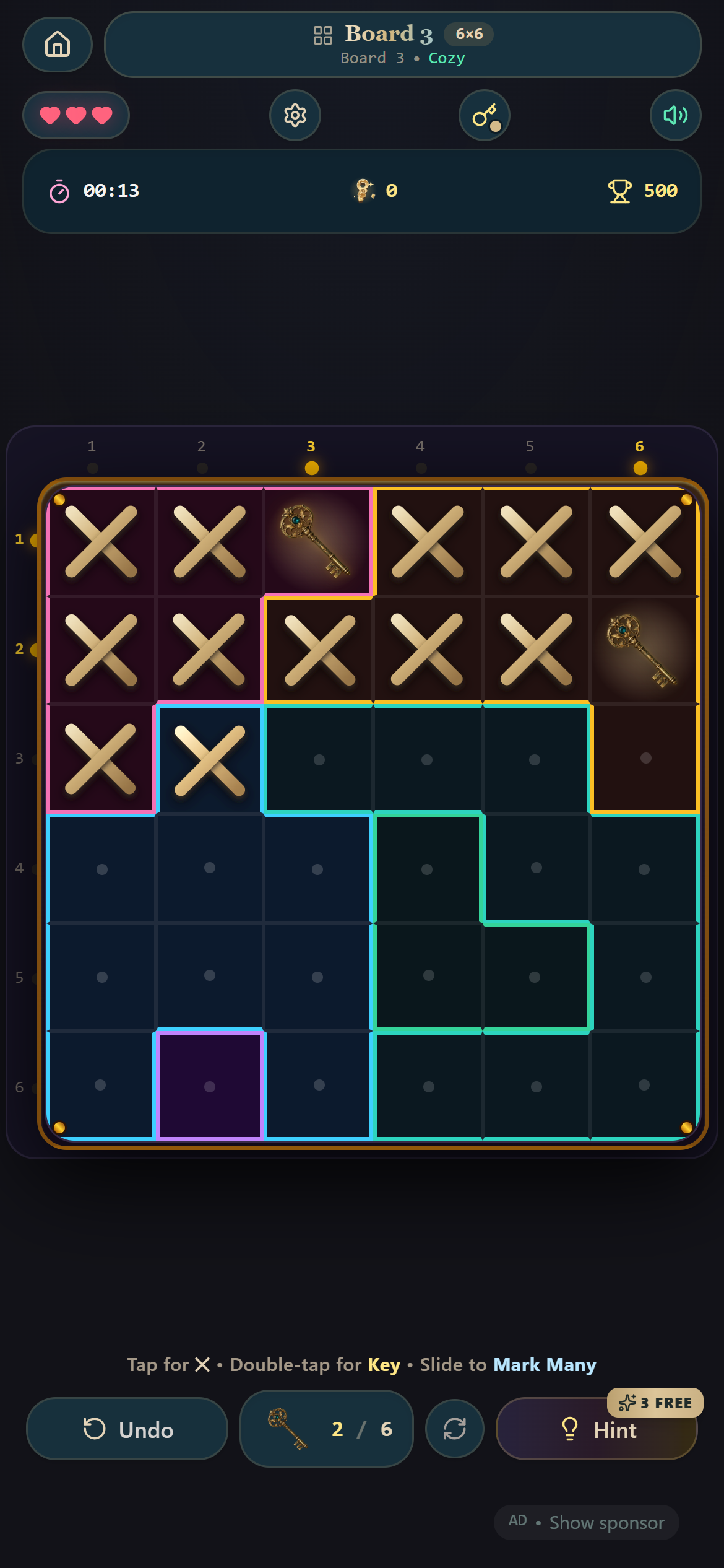 Actual Keydoku gameplay with X marks and found keys