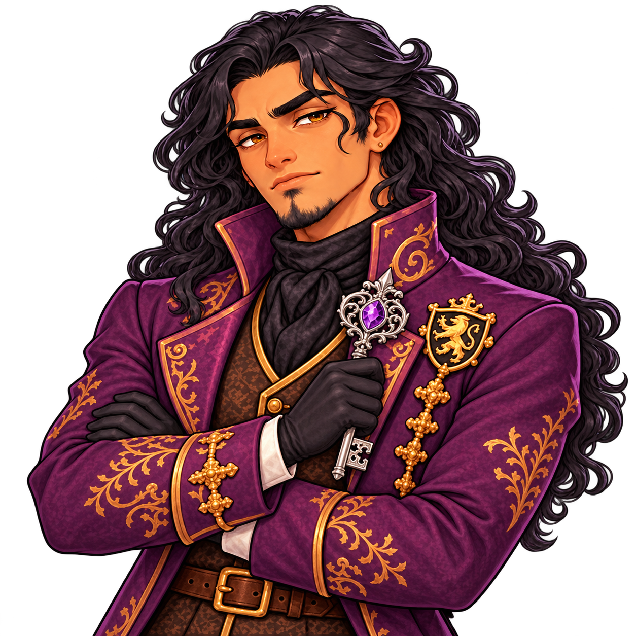 Lucien with folded arms, firmly holding an ornate key