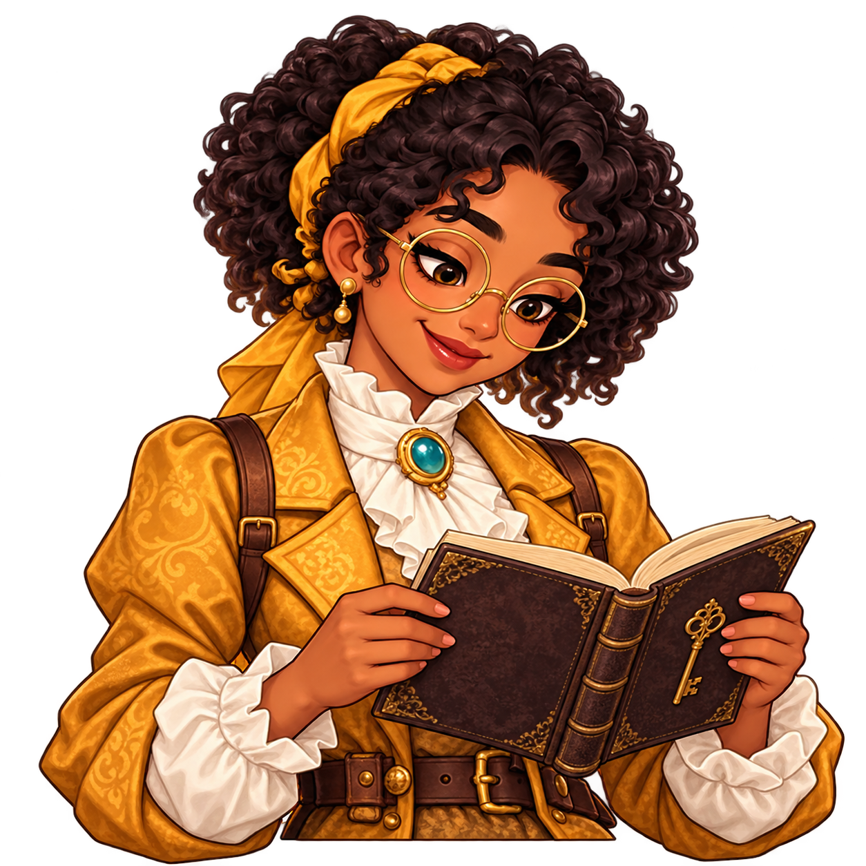 Opal reading an antique book with a key emblem